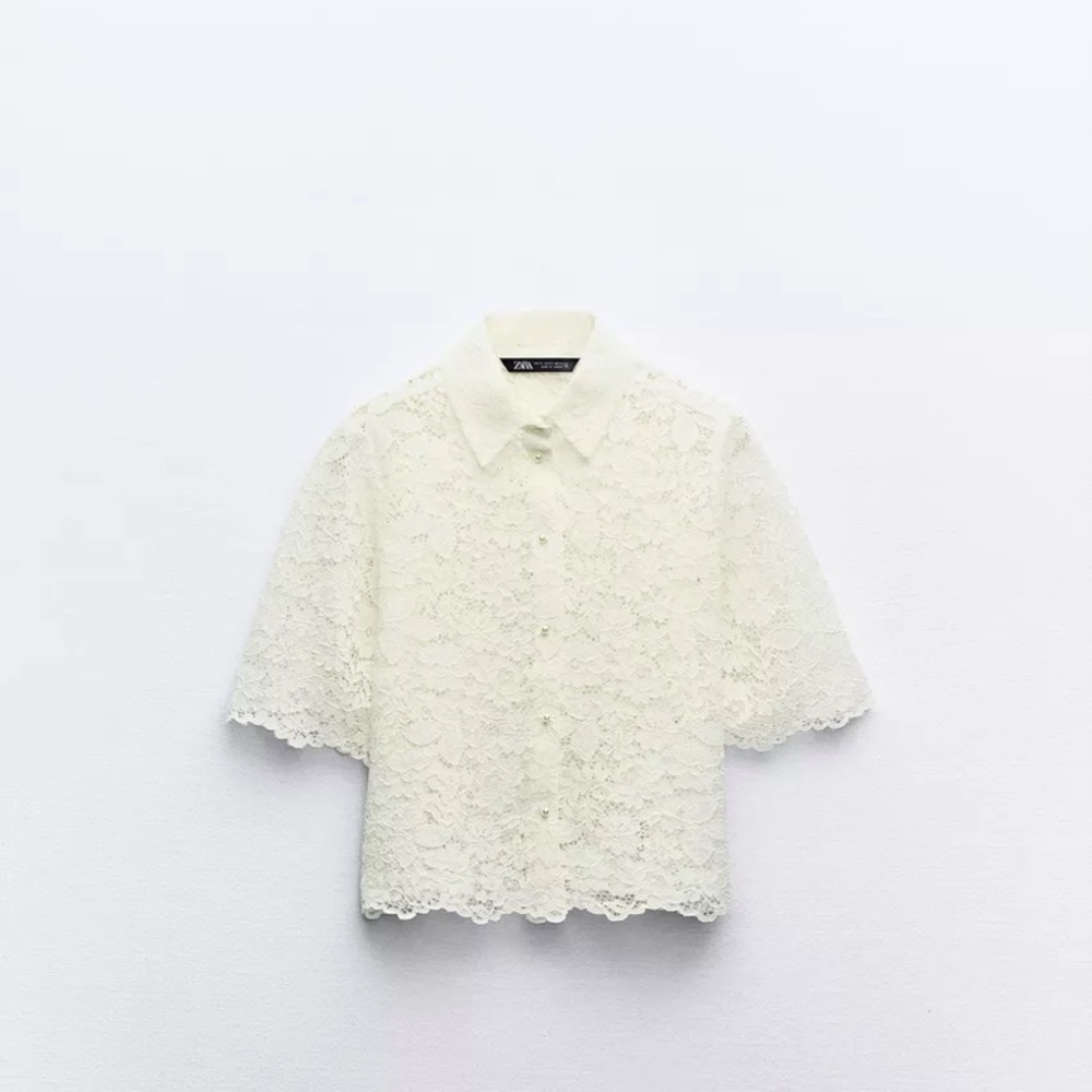 Zara Off-White Lace Short Sleeve Button-Down Shirt